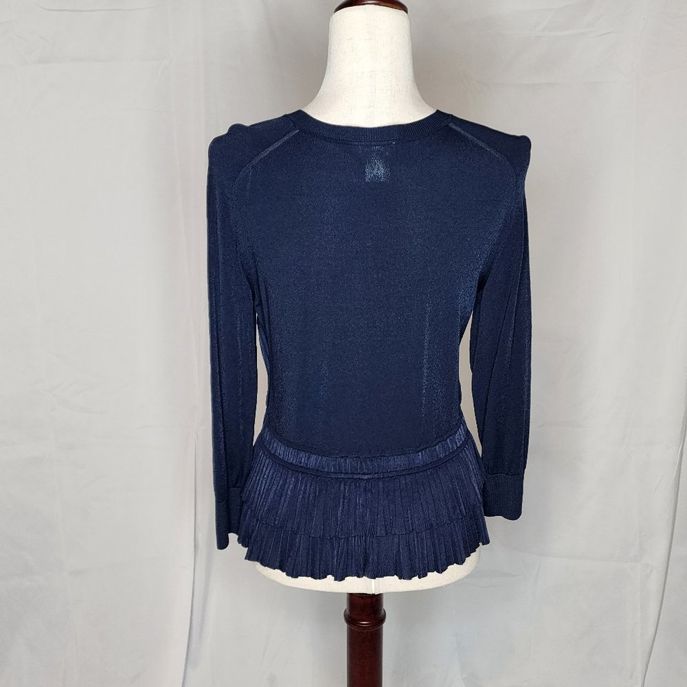 Oscar de la Renta Navy Button Front Ruffle Hem Cardigan Size: L - Picture 10 of 16